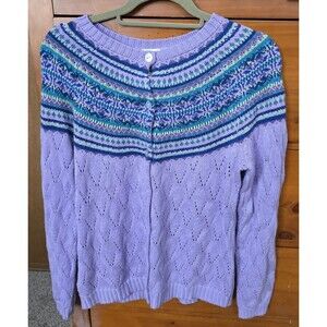 Appleseeds Cardigan Sweater Medium Petite Purple Blue Fair Isle Grandmacore Cozy